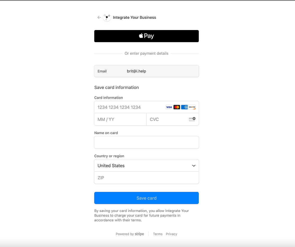 Existing secure card update form for a Stripe customer