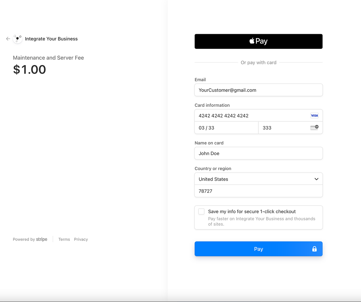 Existing InstaPayments checkout example, with payment details on the left and payment form on the right